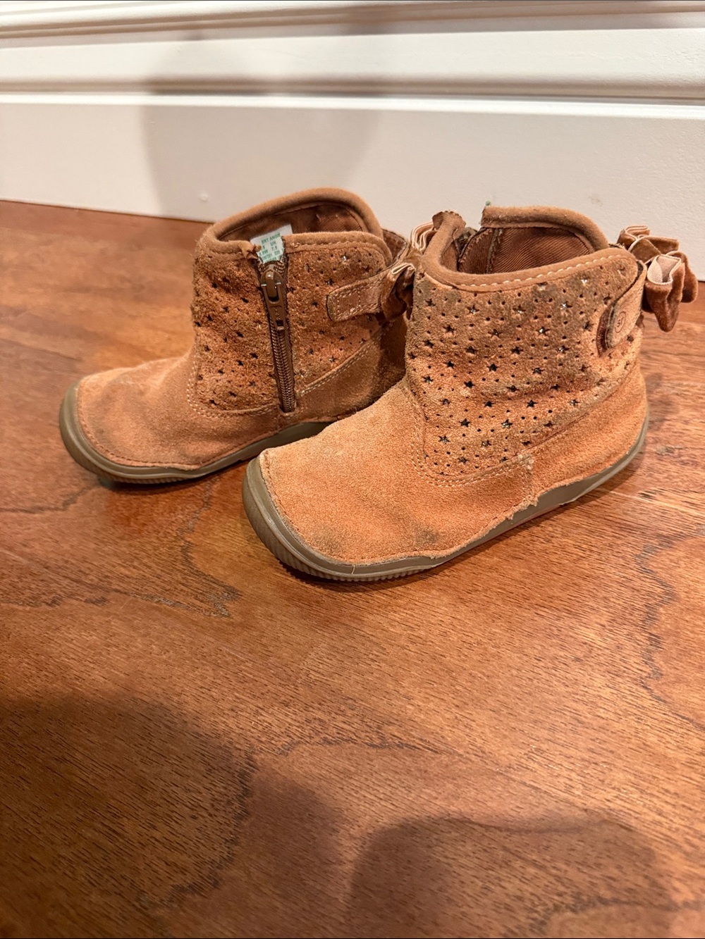 Stride Rite Girls Tan Suede Ankle Boots with Star Perforations